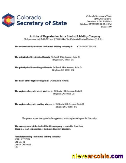 Realistic USA Colorado Articles Of Organization Word And PDF Template, Version 2