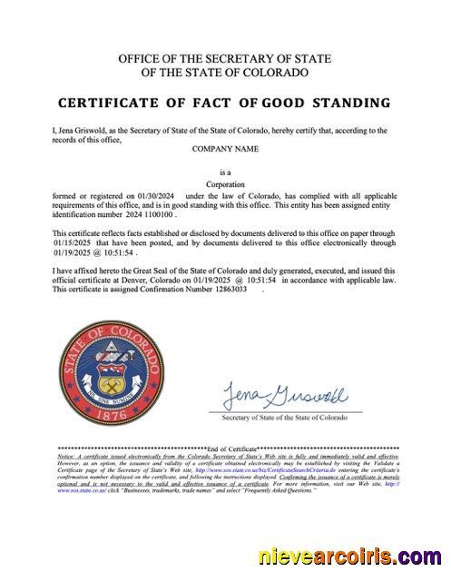 Realistic USA Colorado Certificate Of Fact Of Good Standing Word And PDF Template