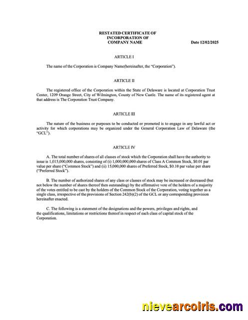 Editable USA Delaware Certificate Of Incorporation Word And PDF Template, Version 2