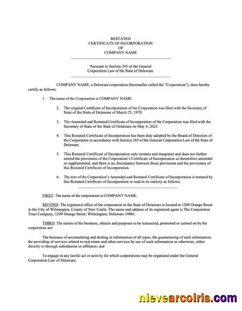 Premium USA Delaware Certificate Of Incorporation Word And PDF Template, Version 3