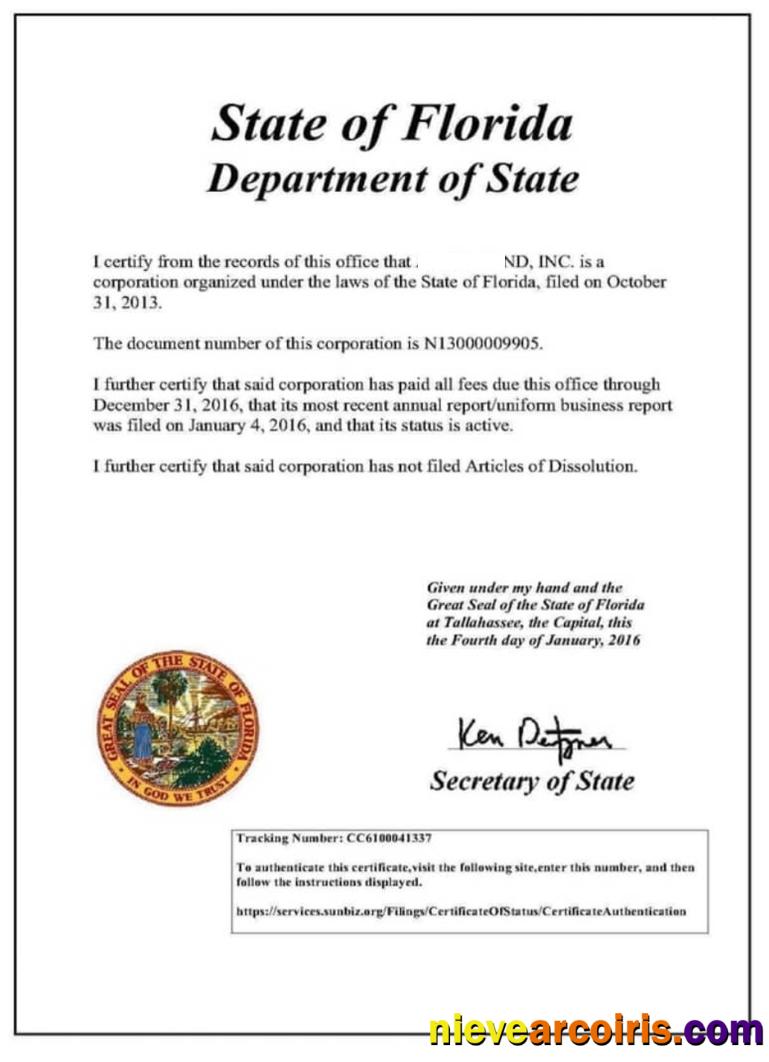 USA Florida Certificate Of Good Standing Template