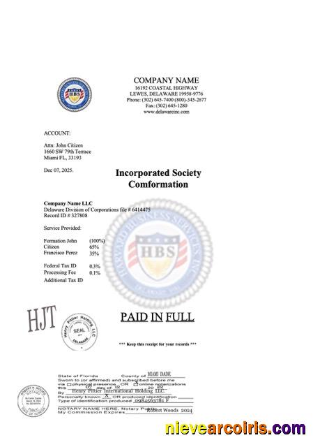 Professional USA Florida Incorporated Society Comformation Word And PDF Template