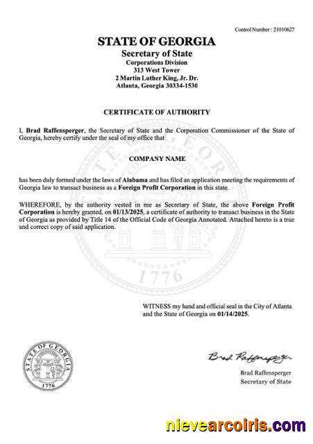 Professional USA Georgia Certificate Of Authority Word And PDF Template