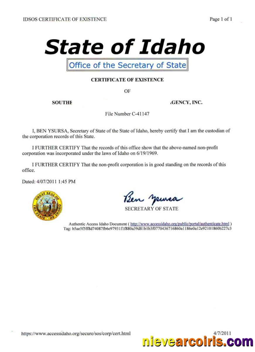 USA Idaho Certificate Of Good Standing Photolook