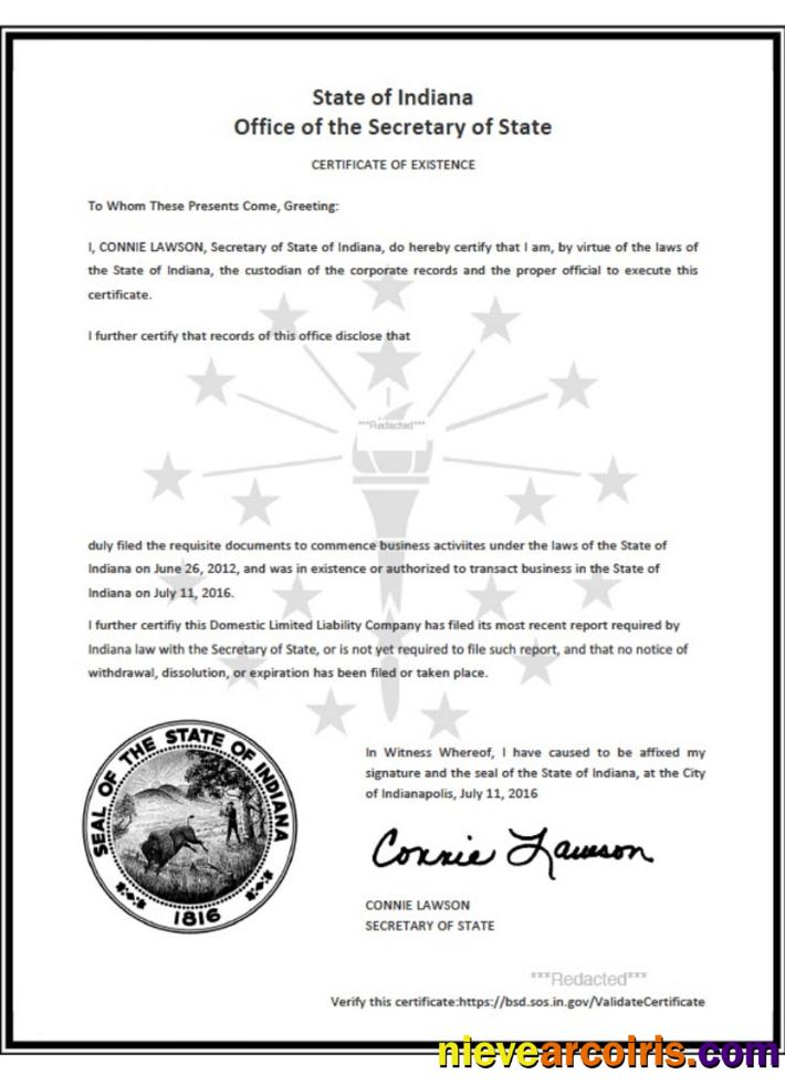 USA Indiana Certificate Of Good Standing Photolook