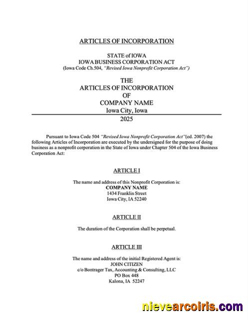 Professional USA Iowa Articles Of Incorporation Word And PDF Template