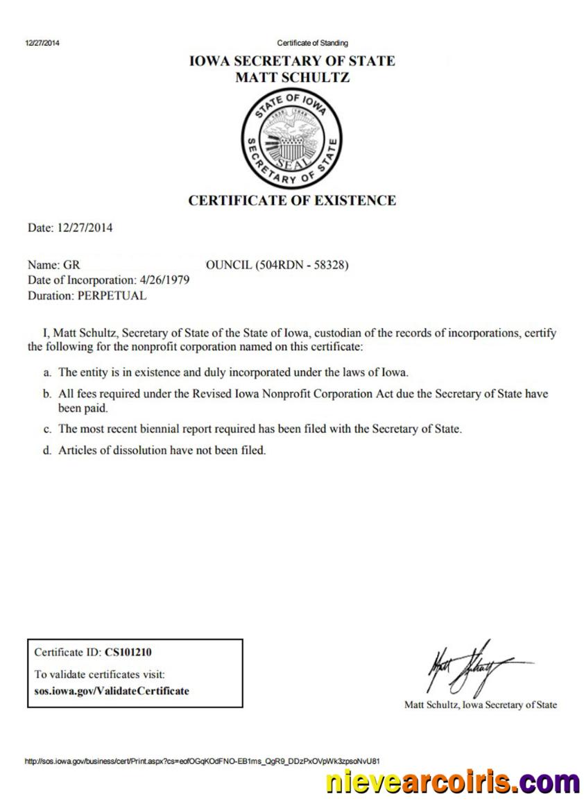 USA Iowa Certificate Of Good Standing Template