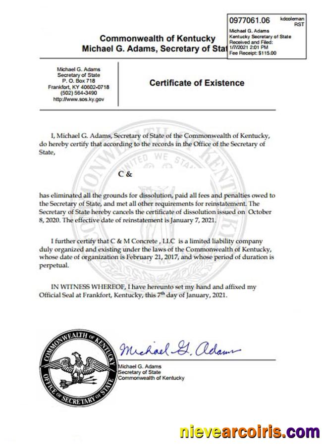 USA Kentucky Certificate Of Good Standing Template