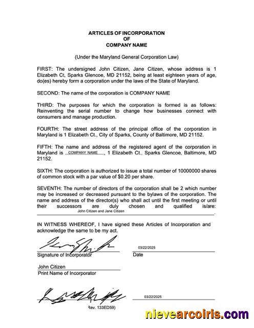Premium USA Maryland Articles Of Incorporation Word And PDF Template