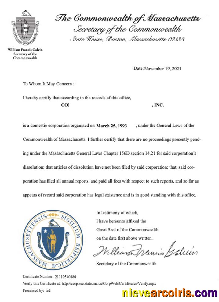 USA Massachusetts Certificate Of Good Standing Photolook