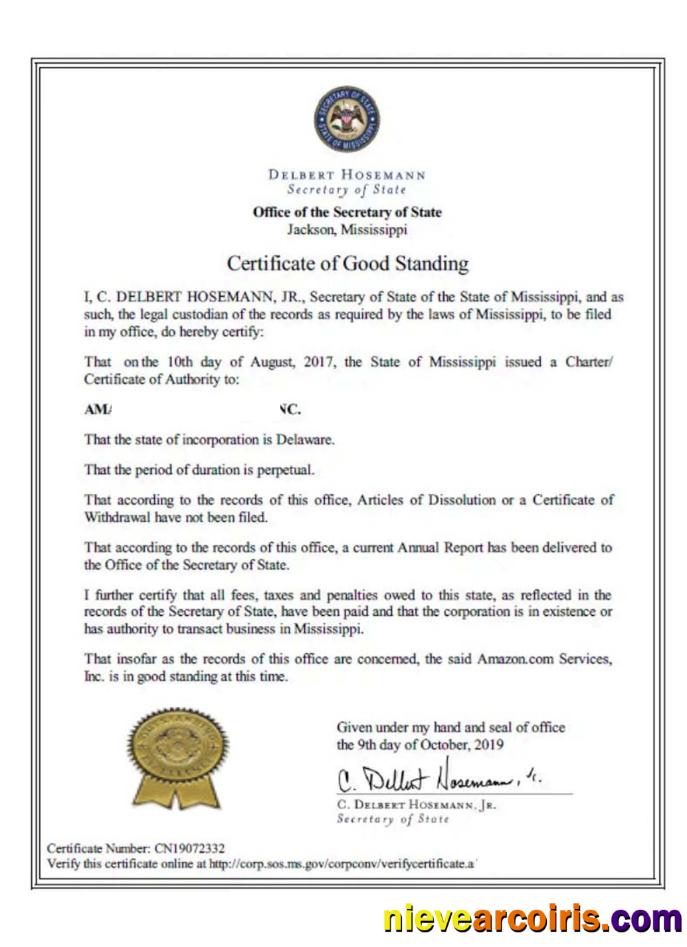 USA Mississippi Certificate Of Good Standing Photolook