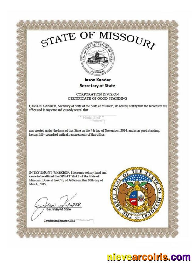 USA Missouri Certificate Of Good Standing Sample