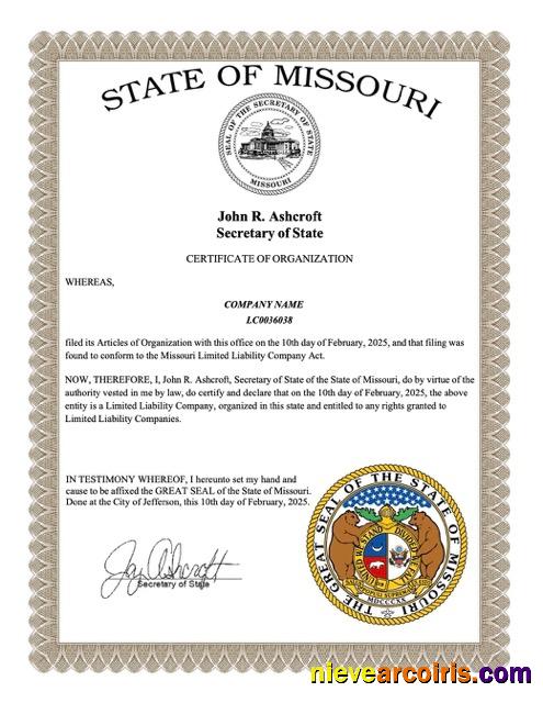 Realistic USA Missouri Certificate Of Organization Word And PDF Template