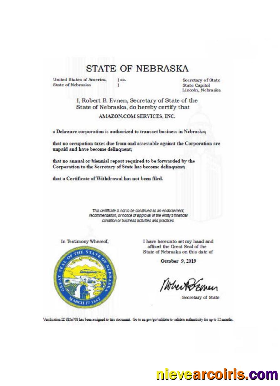 USA Nebraska Certificate Of Good Standing Sample