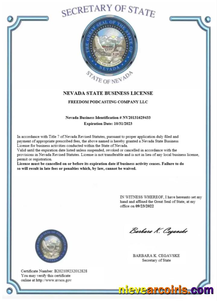 Premium USA Nevada State Certificate Of Business License Word And PDF Template