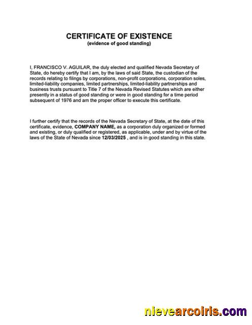 Realistic USA Nevada Certificate Of Existence Word And PDF Template