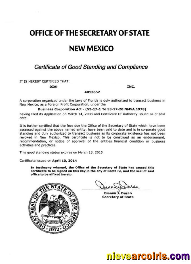 USA New Mexico Certificate Of Good Standing Photolook