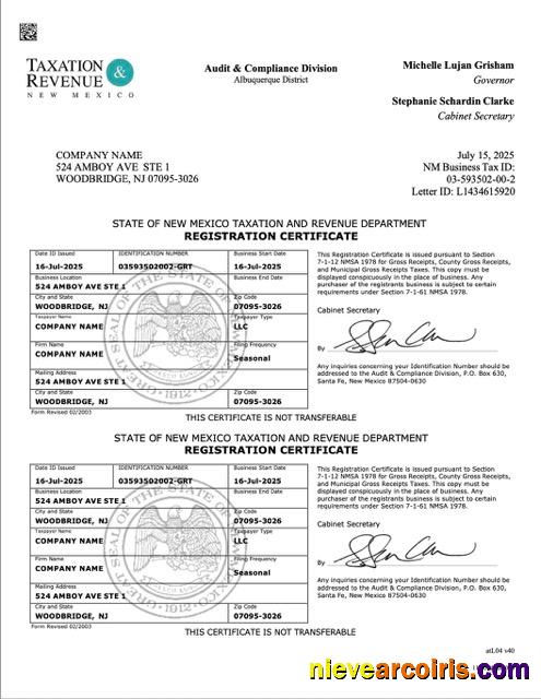Editable USA New Mexico Registration Certificate Word And PDF Template