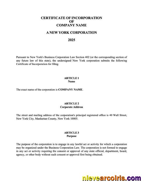 Premium USA New York Certificate Of Incorporation Word And PDF Template, Version 2