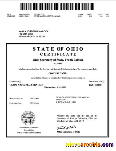 Realistic USA Ohio Trade Name Registration Word And PDF Template