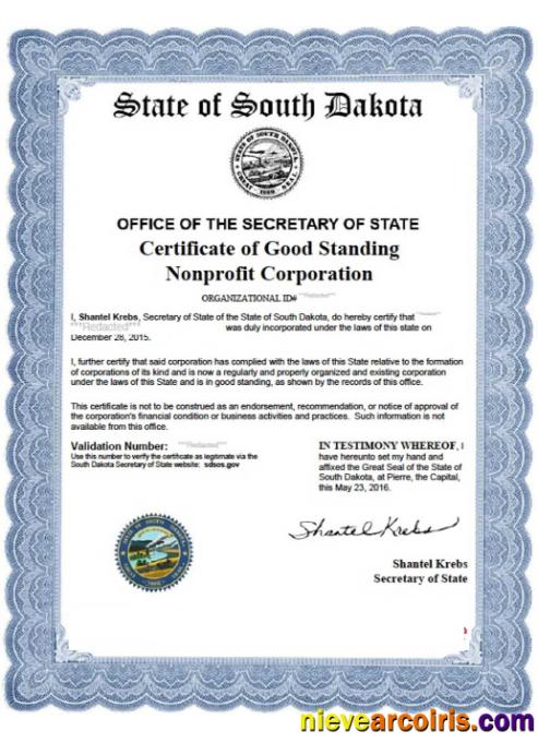 USA South Dakota Certificate Of Good Standing Sample