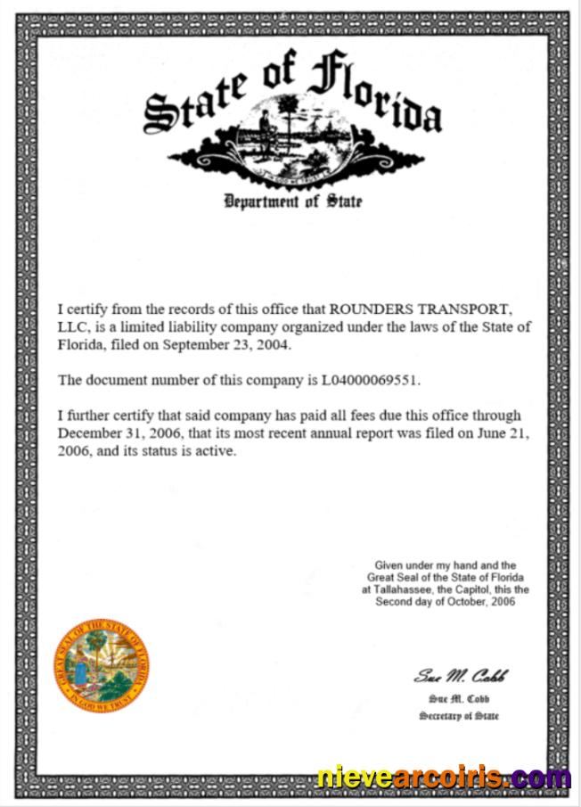 Editable USA State Of Florida Certificate Of Business License Word And PDF Template