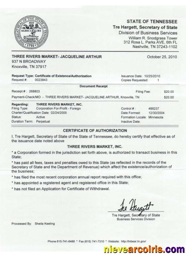 USA Tennessee Certificate Of Good Standing Sample