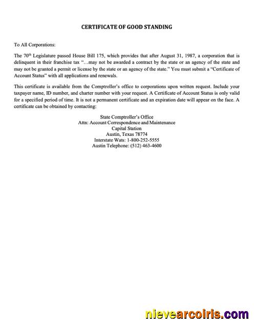 Premium USA Texas Certificate Of Good Standing Word And PDF Template