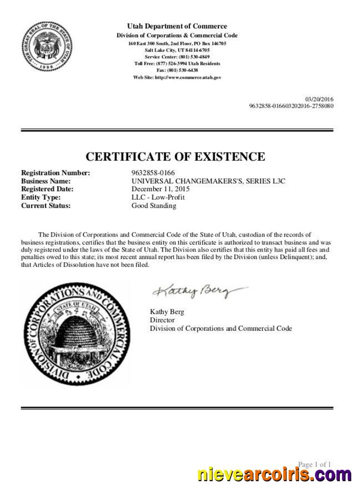 USA Utah Certificate Of Good Standing Sample