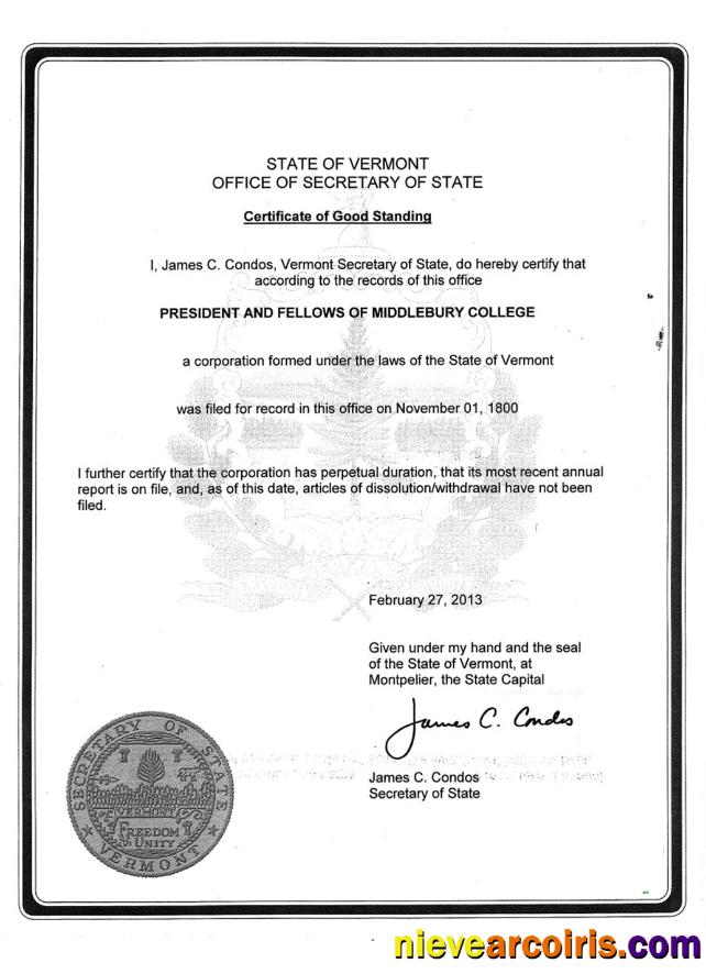 USA Vermont Certificate Of Good Standing Photolook