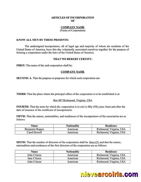 Realistic USA Virginia Articles Of Incorporation Word And PDF Template