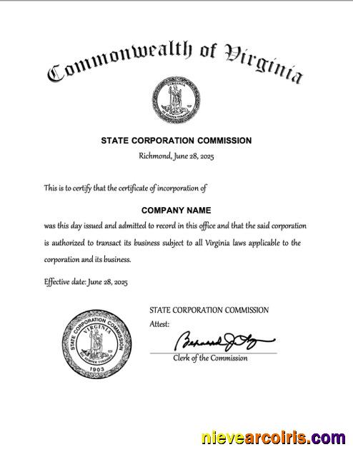 Professional USA Virginia Certificate Of Incorporation Word And PDF Template