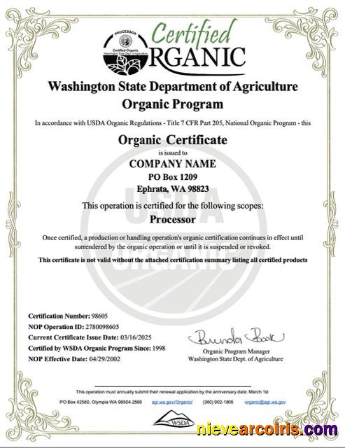 Professional USA Washington Organic Certificate Of Company Word And PDF Template
