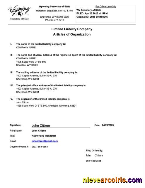 Premium USA Wyoming Articles Of Organization Word And PDF Template