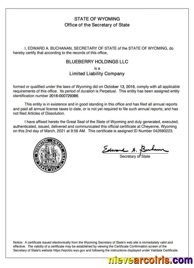 USA Wyoming Certificate Of Good Standing Photolook