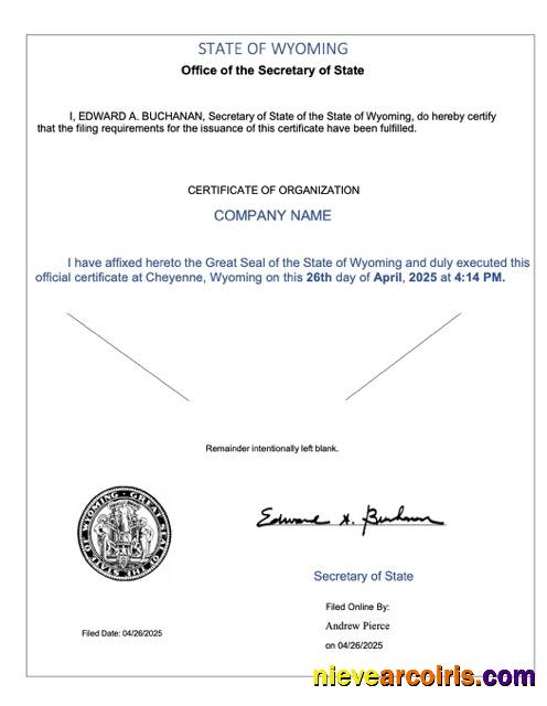 Professional USA Wyoming Certificate Of Organization Word And PDF Template