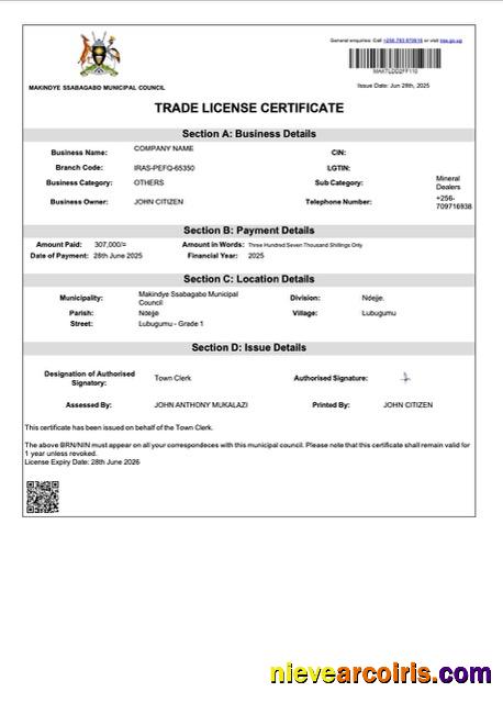 Professional Uganda Makindye Trade License Certificate Word And PDF Template