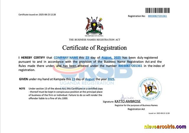 Editable Uganda Business Name Registration Certificate Word And PDF Template