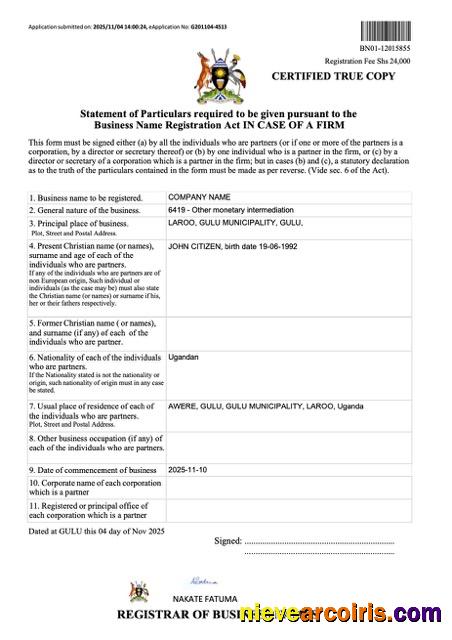 Editable Uganda Business Name Registration Certificate Word And PDF Template, Version 2