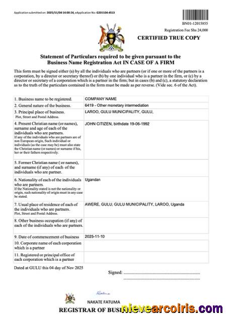 Realistic Uganda Business Name Registration Certificate Word And PDF Template, Version 3