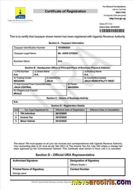 Editable Uganda Certificate Of Taxpayer Registration Word And PDF Template