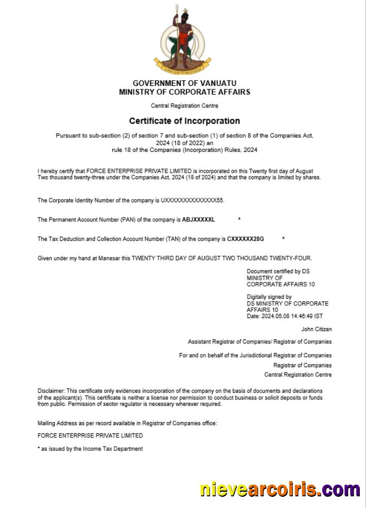 Premium Vanuatu Business Registration Certificate Word And PDF Template