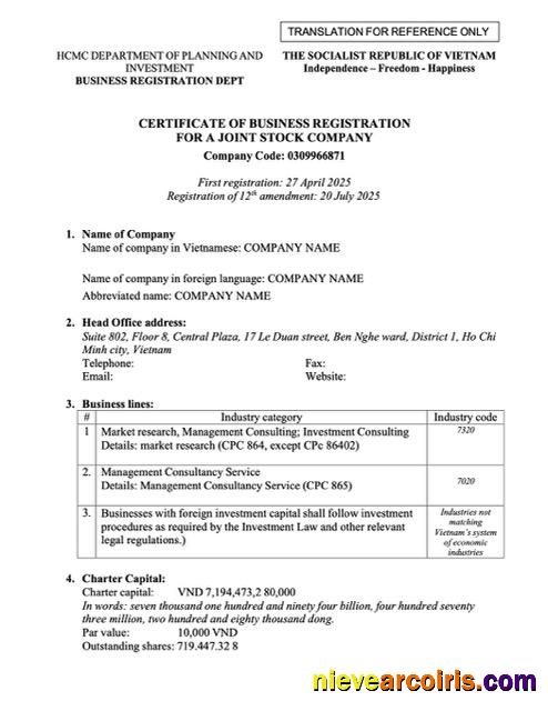 Realistic Vietnam Certificate Of Business Registration Word And PDF Template