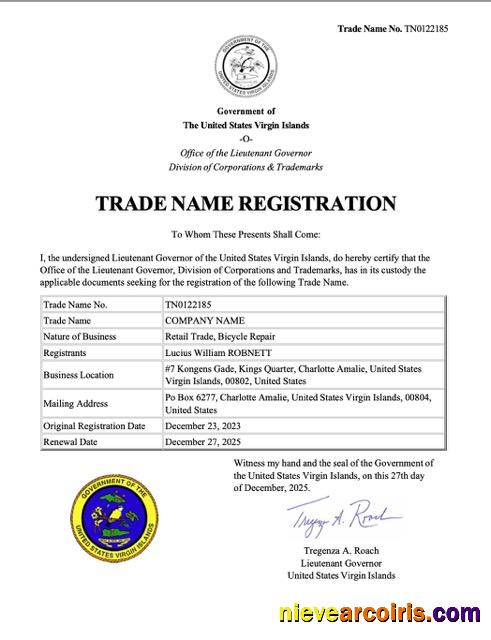Editable Virgin Island Trade Name Registration Certificate Word And PDF Template