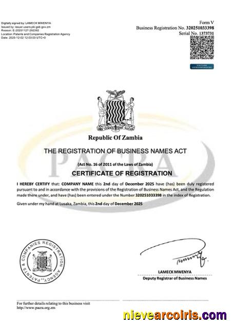 Editable Zambia Certificate Of Business Name Registration Word And PDF Template