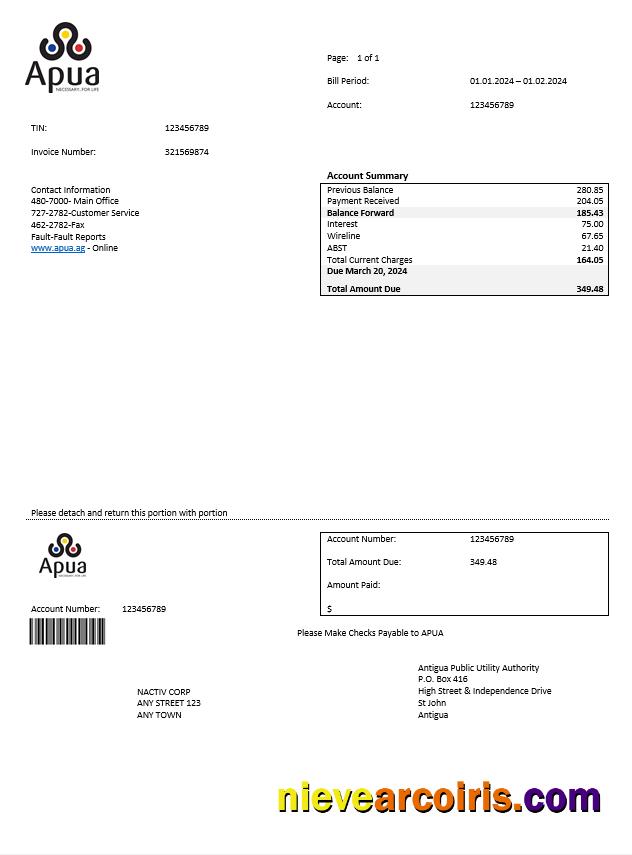 Professional ANTIGUA AND BARBUDA APUA Business Utility Bill Word And PDF Template