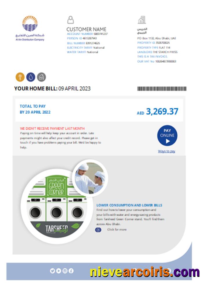 Al Ain Distribution Company Utility Business Bill, Page 1 SCR Sample