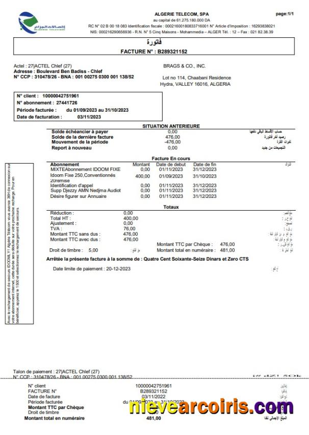 Editable Algerie Telecom Utility Business Bill, Word And PDF Template