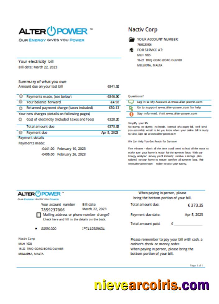 AlterPower Malta Proof Of Address Utility Business Bill, SCR Template
