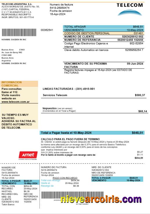 Premium Argentina Telecom Business Utility Bill Template In Word And PDF Format Fully Editable, Good For Address Prove